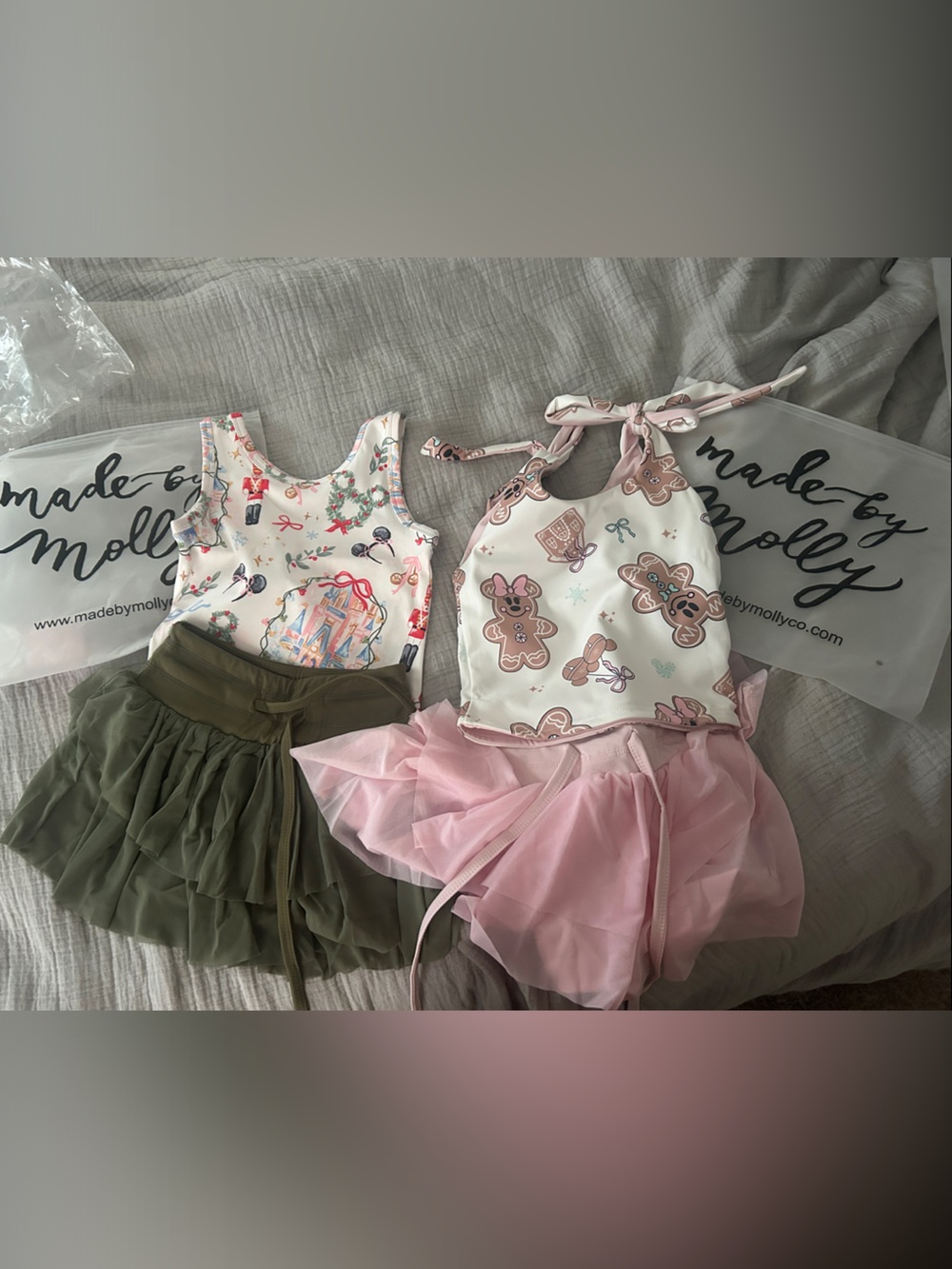 Girls' Pink Gingerbread Print Swimsuit with Olive Tulle Skirt